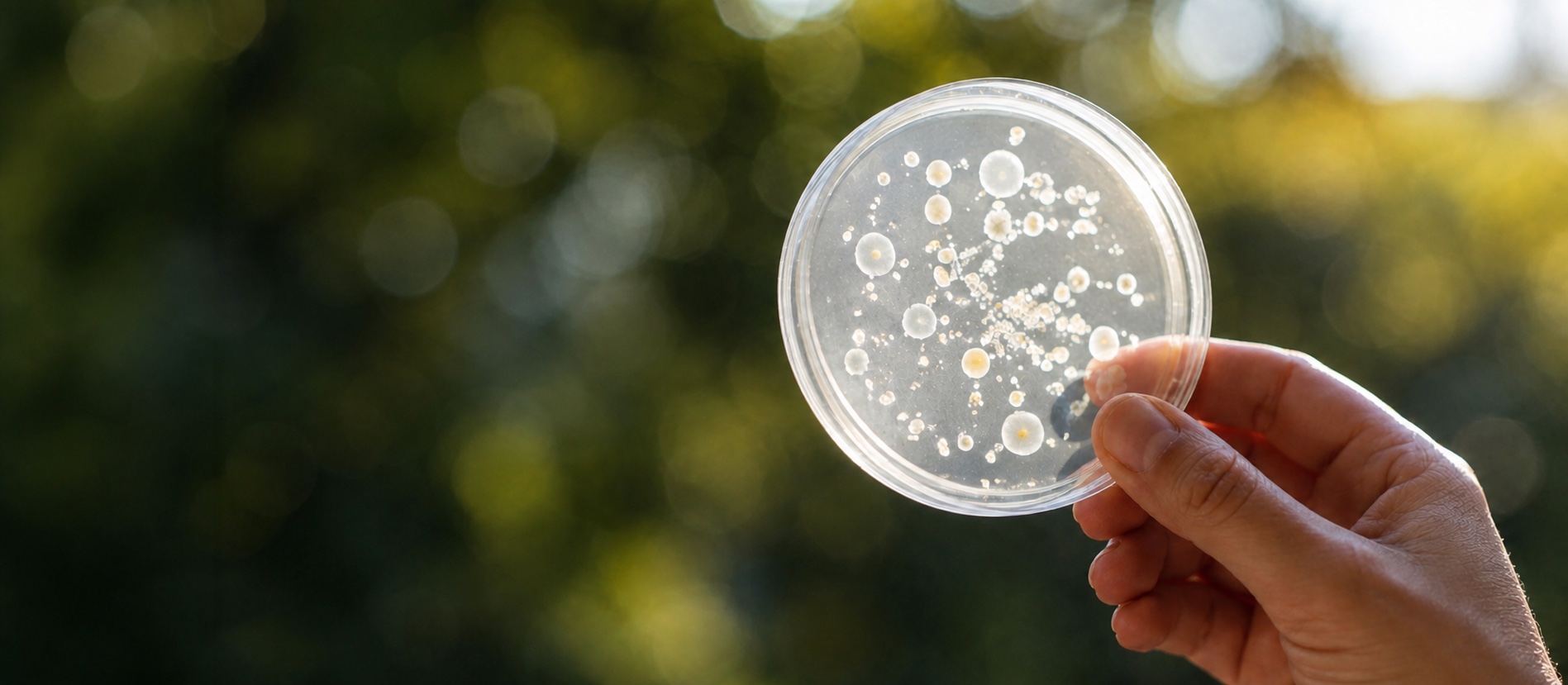 A hand holding a petri dish outdoors